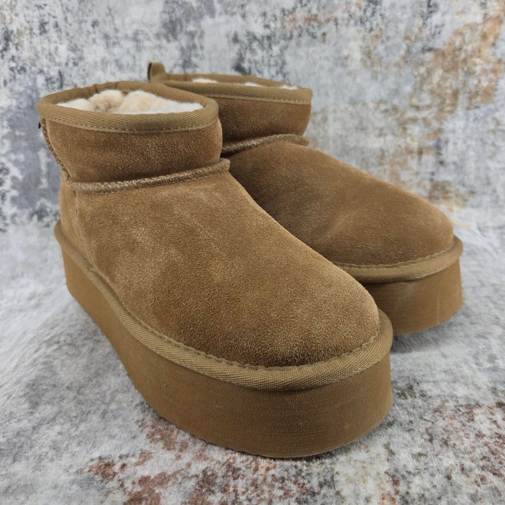 Bearpaw Retro Shorty Platform Boots Womens 8 Brown Suede Sherpa Lined Winter